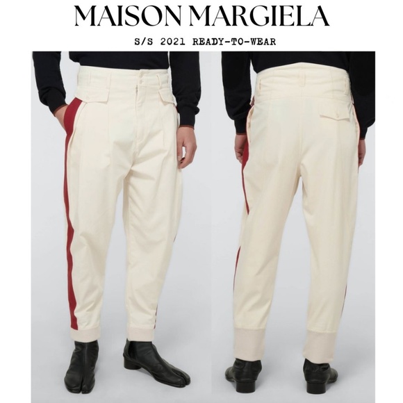 MAISON MARGIELA White Cotton Red Side Stripe High Waisted Pants - Picture 1 of 11